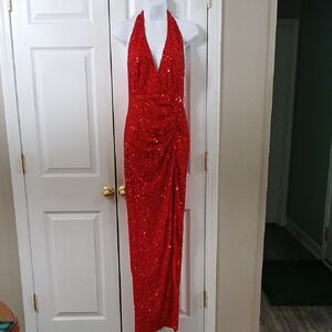 Fashion Nova Hailie  Halter Red Sequin Maxi Dress prom formal Sz S NWT